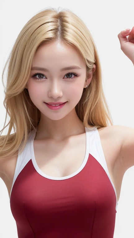 (((forehead、blonde、Northern Europe、White、beautiful girl、blonde、White background、Sportswear、smile)))、Tabletop, Best Quality, shape, Super detailed, finely,  high res, 8K wallpaper,  Perfect Dynamic Composition, finelyて美しい目, Deco Out,Blonde,  medium hair, Su...