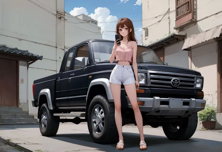 beauty young girl, posing beside black truck, holding a smartphone, she has reddish brown hair, wearing pink sleeveless blouse, white short pant , white sandals, ((masterpiece:1.2), (best quality:1.2), (very aesthetic:1.2), (absurdres:1.2), (detailed backg...