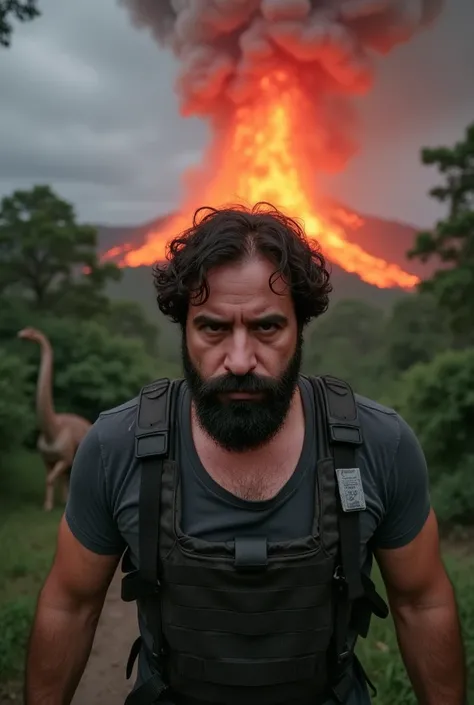 a white man, muscle shirt, 38 years old, with perfectly outlined beard,   It is located in the middle of a dense  , Dark jungle, as Isla Nublar volcano erupts ,  inspired by Jurassic World : The Fallen Kingdom .   He wears a fitted dark gray t-shirt and a ...