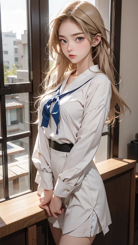 A beautiful high school girl who is half French and half Japanese、Anyway, her face is beautiful、Beautiful blue eye color、Beautiful long, straight, bright blonde hair、Please wear sailor uniforms, which are typical of Japanese school uniforms.。The background...