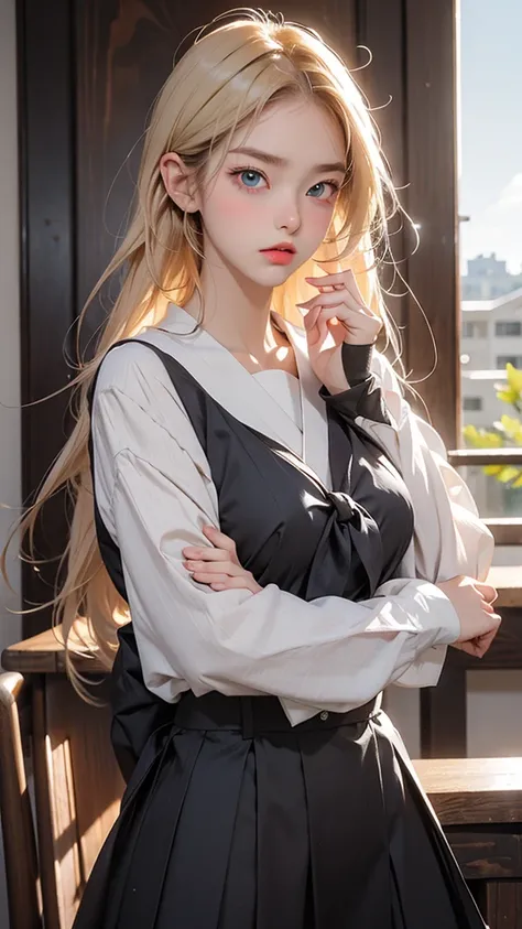 A beautiful high school girl who is half French and half Japanese、Anyway, her face is beautiful、Beautiful blue eye color、Beautiful long, straight, bright blonde hair、Please wear sailor uniforms, which are typical of Japanese school uniforms.。The background...