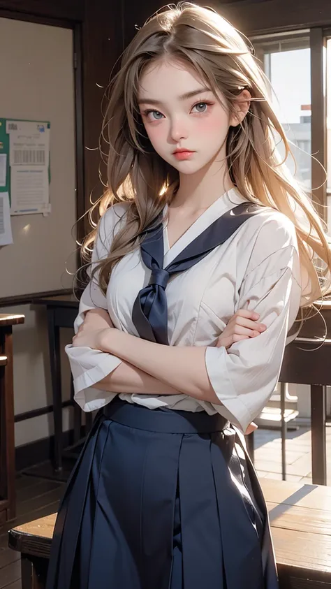 A beautiful high school girl who is half French and half Japanese、Anyway, her face is beautiful、Beautiful blue eye color、Beautiful long, straight, bright blonde hair、Please wear sailor uniforms, which are typical of Japanese school uniforms.。The background...