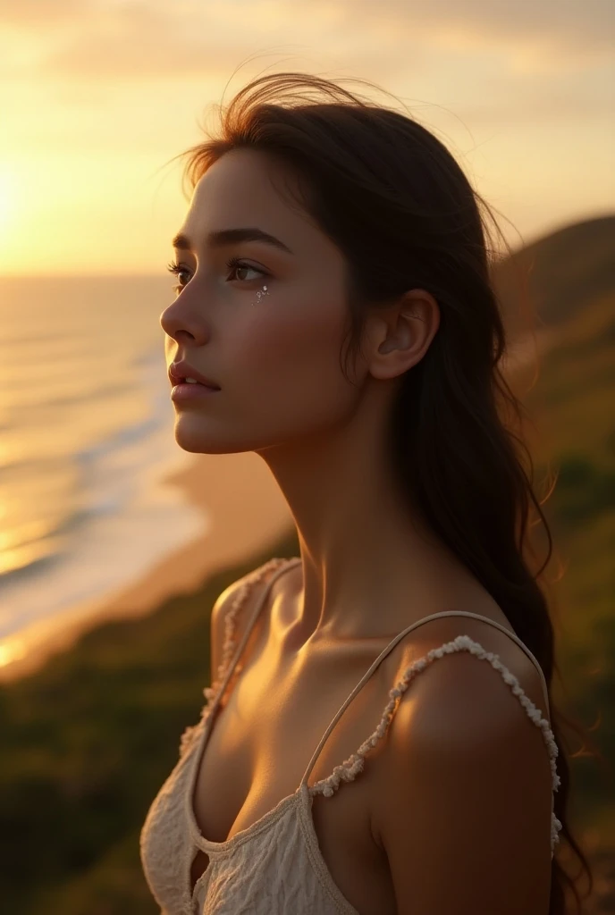 Single woman in everyday clothes 、 Young and Beautiful White Woman 、 are shedding tears、Gazing into the distance、Blowing in the Wind、 Seaside Hill with a View of the Sunset 、Side view、 Carefully Draw Her Tears in detail、High-definition real photo、 Live Act...