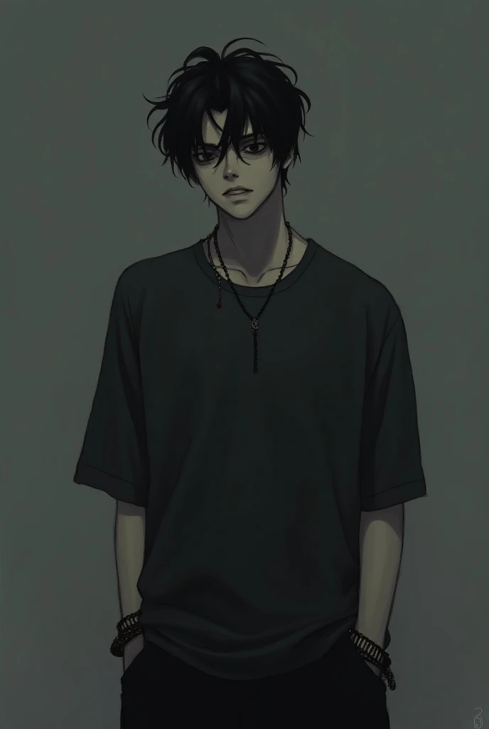 monochrome,coal,Just a face and a twist, Male Focus ,male traits , slightly messy hair,black hair color,tired eyes,eyes with dark circles, body shorts,Lean body,t-shirt oversized,t-shirt,t-shirt larga,bracelets and strings .