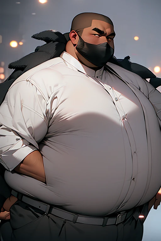 extremely fat black man with handsome and beautiful face, black pants, belt, very big belly, 300 pounds heavy, obese, massive and gigantic stomach, hand on stomach, white shirt, morbidly obese, wearing jacket, wearing mask