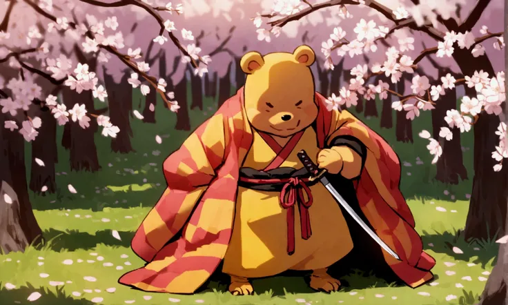 Piglet (samurai robe, short sword) preparing to commit Seppuku. Pooh Bear (samurai robe, katana) stands nearby with Katana at the ready, cherry blossom orchard, sad scene
