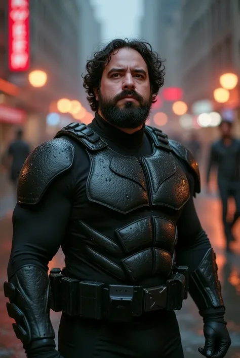 a white man, muscle shirt, 38 years old, with perfectly outlined beard,   stands in the middle of the shady streets of Gotham  , Inspired by The Dark Knight: The legend is reborn .   He wears a dark combat suit with tactical details that highlight his musc...