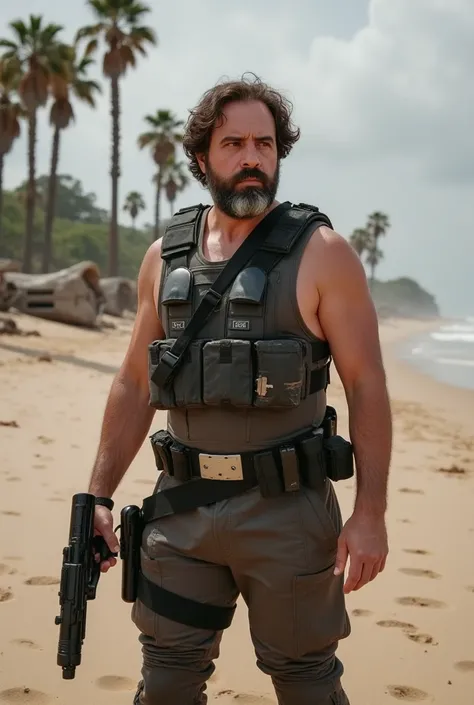 a white man, muscle shirt, 38 years old, with perfectly outlined beard,   He is on a desolate beach on the planet Scarif  , Inspired by Rogue One : A Star Wars Story.  He wears a dark suit ., worn out,   rebel tactical armor that highlights their muscles  ...