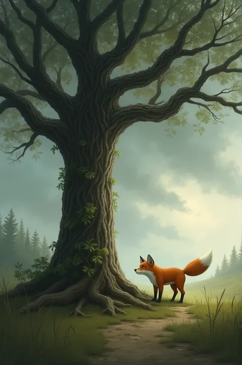 The oak tree stood tall and calm, its branches barely swaying. "Why do you worry, little fox?" it asked in a steady voice. "The storm is beyond your control. All you can do is face it with courage."

"But what if I lose everything?" the fox replied.
