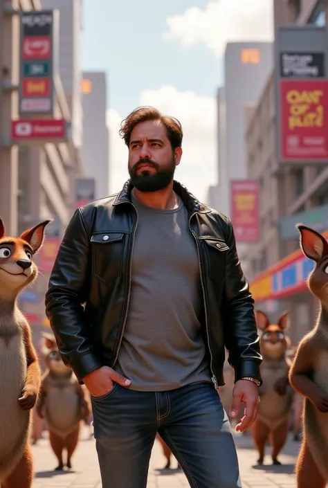 a white man, muscle shirt, 38 years old, with perfectly outlined beard,   It is located in the middle of the bustling city of Zootopia  , inspired by Zootopia.   He wears a black leather jacket over a tight gray t-shirt that highlights his muscles .,   as ...