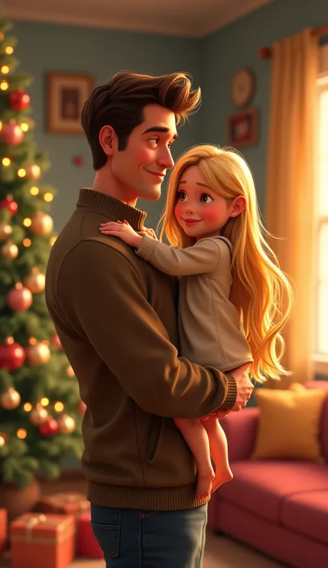 A pixar style of a handsome father holding his  girl with yellow silky hair in Christmas at home 