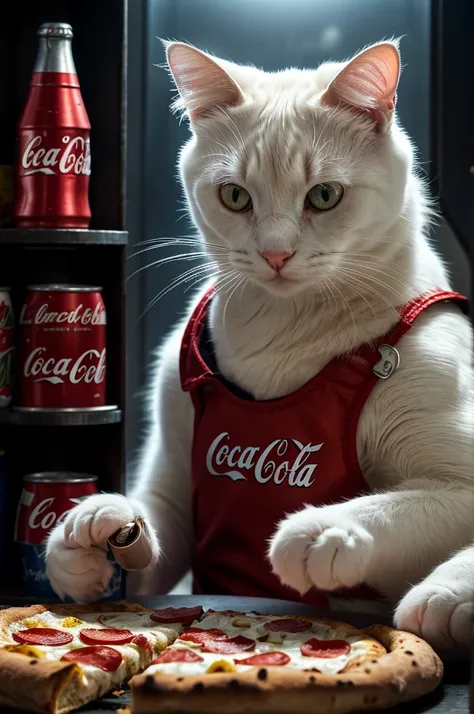 a white cat with a pizza and Coca-Cola can, half body portrait, dystopic reality, Judge Dread movie, futuristic, cinematic, composition, vivid colors, intricate details, photorealistic, 8k, highly detailed, sharp focus, dramatic lighting, dark tones, moody...