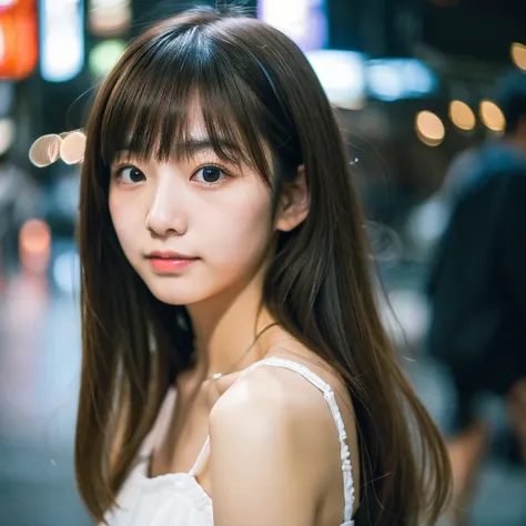  beautiful Japanese woman,double eyelid,Beautiful Skin,Round face,Long face,Swept-apart bangs,In Tokyo, short shot on DSLR,Adolavre 18 years old ,Upper body photo,front,Long Hair