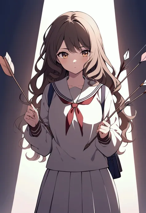 Young arab woman,brown and curly hair, japanese school uniform, bow with arrows, 