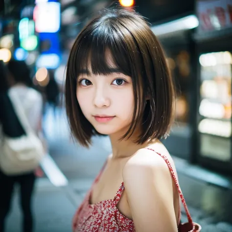  beautiful Japanese woman,double eyelid,Beautiful Skin,Short Hair,Round face,Long face,Swept-apart bangs,In Tokyo, short shot on DSLR,Adolavre 18 years old ,Upper body photo,front,