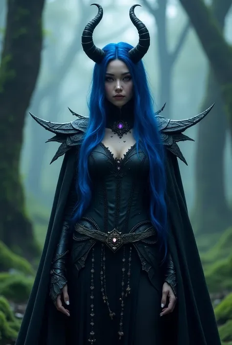 The Sorceress of the Twisted Woods
The Sorceress, a powerful dark 23 yesrs old elf woman with flowing blue hair and piercing violet eyes, stands in the heart of the twisted woods. Her dark, ornate armor gleams with magical energy, and her horns give her a ...