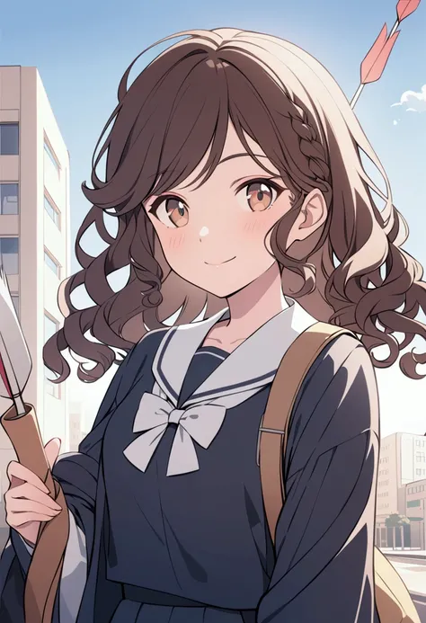 Young arab woman,brown and curly hair, japanese school uniform, bow with arrows in her back