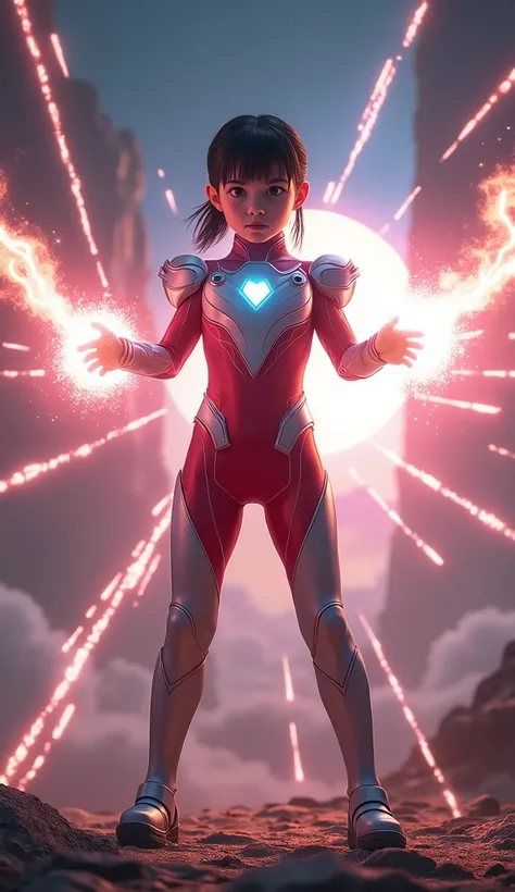  in an Ultraman pose、A girl holding her arms in a cross pattern 、 emitting specium rays from her arms 