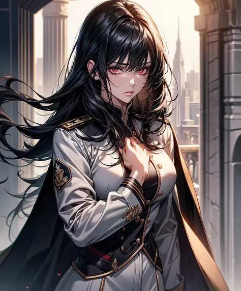 extremely detailed CG unity 8k wallpaper), (masterpiece), (best quality), (ultra-detailed), (best illustration), (best shadow), (absurdres) ,(detailed eyes), red eyes, 1girl,, long hair, black hair, solo, Intimidating women, admiral uniform, night, hero po...