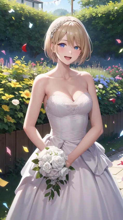 masterpiece, best quality, highres, 1girl, solo, short hair, blonde hair, blue eyes, wedding dress, standing, garden, confetti, holding bouquet, smile, open mouth,