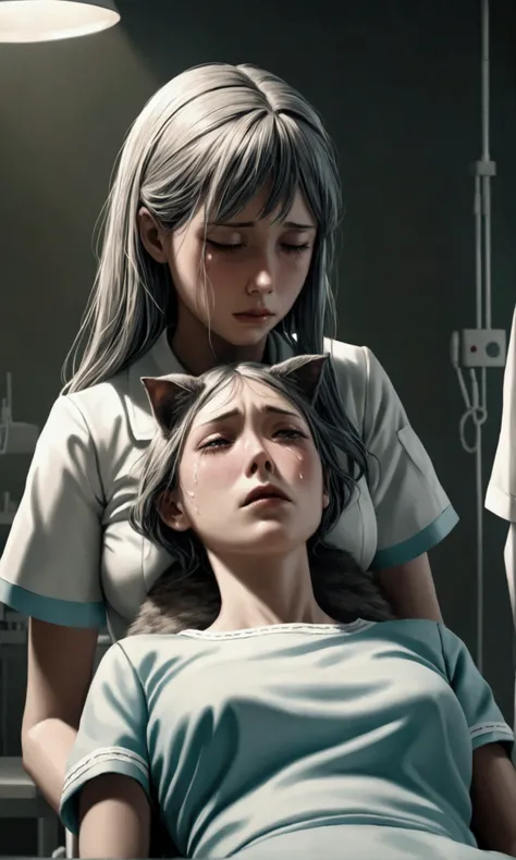 a cute woman, sad crying woman, distressed woman, woman in sexy outfit, dead cat on medical table, veterinarian and nurses trying to calm woman, sad atmosphere, hyper-realistic, cinematic lighting, dramatic shadows, muted color palette, detailed facial fea...