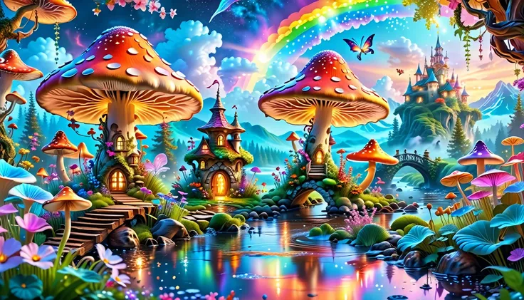 A Masterpiece In 32K Resolution, Supreme Quality, Super-Detailed, Official Art. A Dreamlike Fantasy Landscape, Where Giant Mushrooms Tower Over A Sparkling Stream. Colorful Fairies Dance Among The Flowers, And A Rainbow Arches Across The Sky, Adding To The...