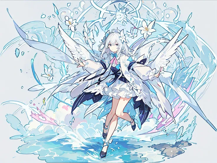 · Angel Girl · Angled Angel Ring on the Left Side · Little Angel Wings · Pastel Color · White Hair · Very Long Hair · Right Eye Is Light Blue · Left Eye Is Pink · White Flower · Pink Loose Front Cardigan · Light Blue Ribbon Attached to the Collar · Cute · ...