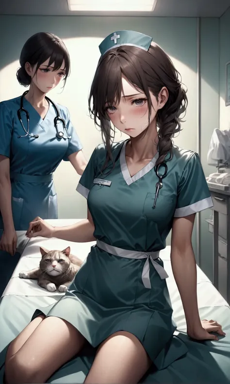 a cute woman, sad crying woman, distressed woman, woman in sexy outfit, dead cat on medical table, veterinarian and nurses trying to calm woman, sad atmosphere, hyper-realistic, cinematic lighting, dramatic shadows, muted color palette, detailed facial fea...