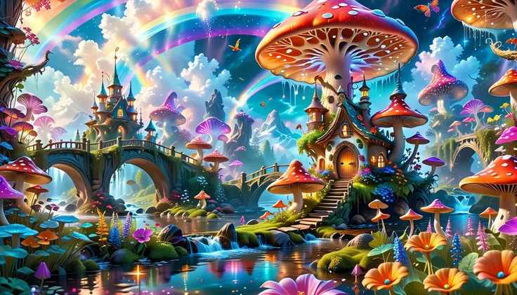 A Masterpiece In 32K Resolution, Supreme Quality, Super-Detailed, Official Art. A Dreamlike Fantasy Landscape, Where Giant Mushrooms Tower Over A Sparkling Stream. Colorful Fairies Dance Among The Flowers, And A Rainbow Arches Across The Sky, Adding To The...