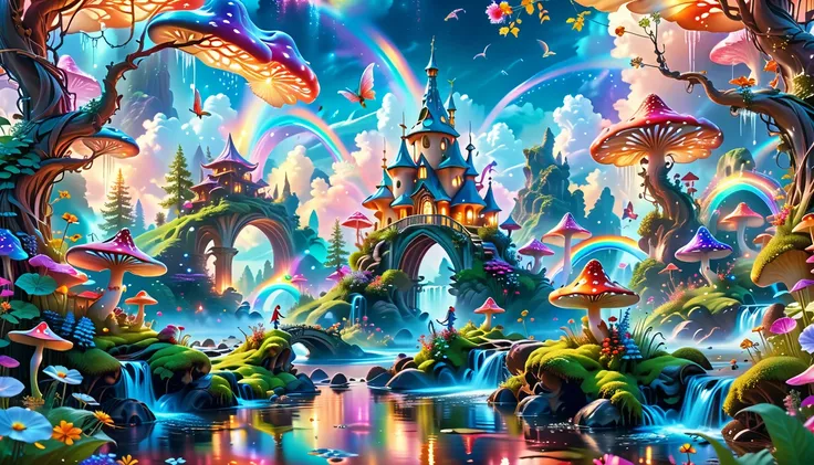 a masterpiece in 32k resolution, supreme quality, super-detailed, official art. a dreamlike fantasy landscape, where giant mushr...