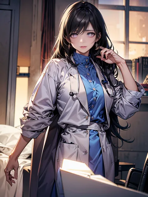 realistic beautiful doctor、amazingly beautiful、(doctor&#39;s white coat:1.8), collared shirt、(highest quality、8k、32K、masterpiece、nfsw:1.3)、超A high resolution,(Photoreal:1.4),Raw photo, detailed face,,beautiful, white hair hair, ((doctor style)), , black ti...