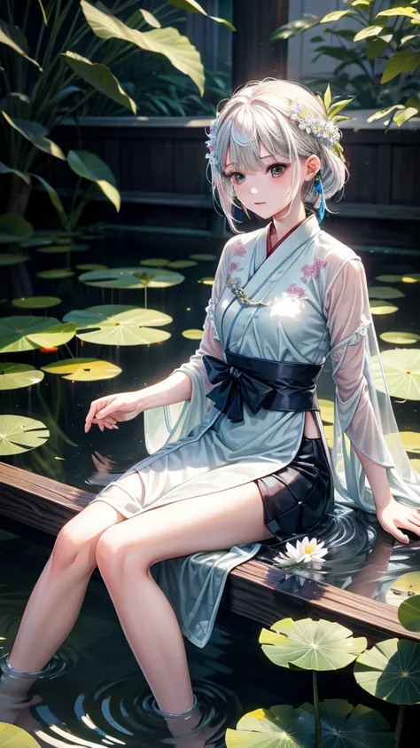 2D, Ancient style, Spring Garden, Outdoor, White hair, Hanfu, Nature, There is a pond in the middle of the courtyard, Water lilies floating in the pond, Woman sitting on a bench in the corridor, Wearing a transparent feather robe, Hand-held bamboo flute, C...