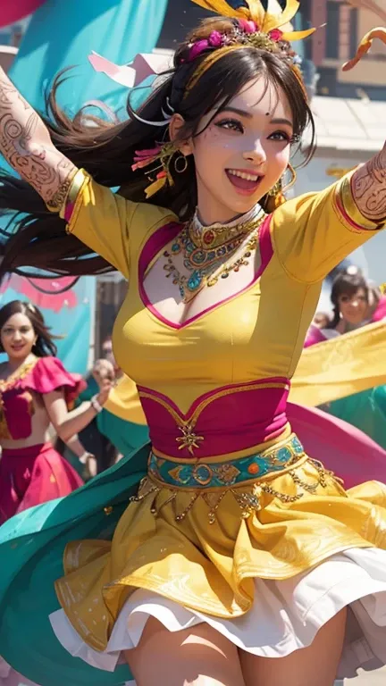  Women in the Festive Crowd  , lively energy, Vibrant expression, Brightly colored outfit, dancing and singing, festive decorations,  Festive music floating in the air ,  Fun Atmosphere , cheerful laughter,  Rhythmic Movements ,  Swirl Skirt Dresses ,  Int...