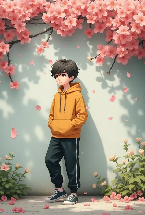 Anime style, , wear mustard colour hoodie jacket, hand in the pocket, wear black jogger pants, casual shoes, walking, wall, bloom flower on wall, angin, bunga berguguran, details, photography