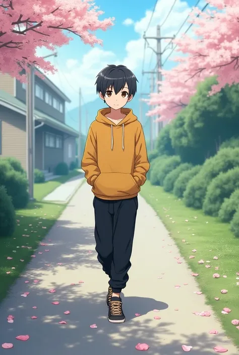 Anime style, japan, , wear mustard colour hoodie jacket, hand in the pocket, wear black jogger pants, casual shoes, walking road side, bloom flower, angin, bunga berguguran, details, photography