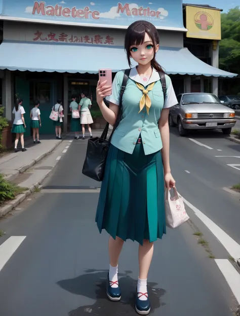 beauty young girl,  crossing road, holding a smartphone, carrying tote bag, she is in black hair (+ponytail), wears green short sleeves scout shirt, yellow neckerchief, green pleated pencil long skirt with black belt, white socks, black mary-jane shoes, (s...