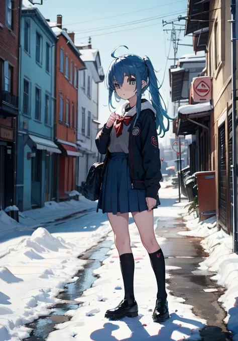 Best Quality,超A high resolution,1girl in,Solo,Full body,Snow,city,, Blue hair,Green eyes,nffsw,School uniform,