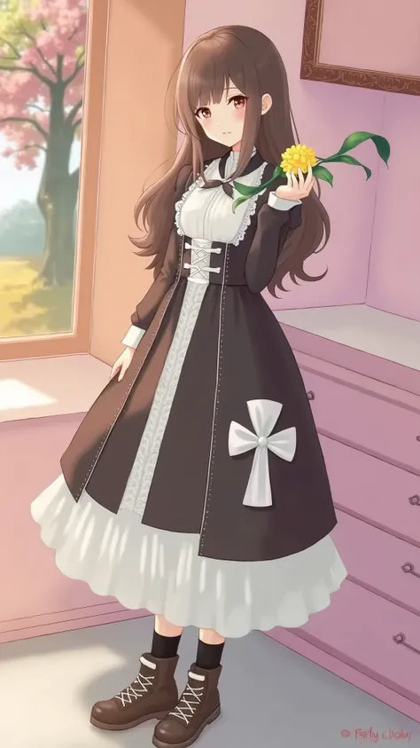 1girl, solo focus, ta fashion, long hair, looking at viewer, blush, bangs, brown hair, black hair, long sleeves, hat, dress, holding, brown eyes, standing, full body, flower, boots, frills, socks, indoors, hand up, black footwear, black dress, black socks,...