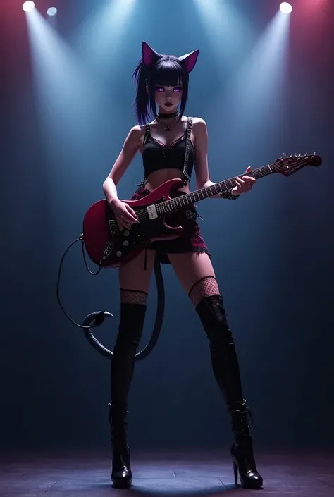 Detailed realistic 8k picture, sexy cat girl, cat ears, cat tail, cat eyes, in Gothic rock clothes, with a choker around her neck, fishnet stockings, high boots, boots, plaid short skirt, torn meek top, black hair, hair in a ponytail, bangs, purple makeup,...