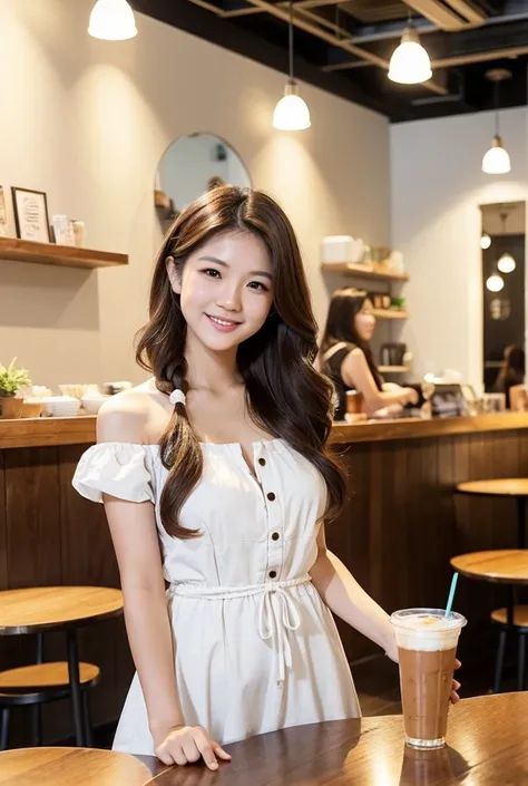 A 22-year-old Thai woman with long wavy brown hair takes a cheerful selfie in a cozy dog café. She is wearing a bohemian dress with puffed short sleeves and bare shoulders, adding a stylish and relaxed vibe. In one hand, she holds a clear plastic cup fille...