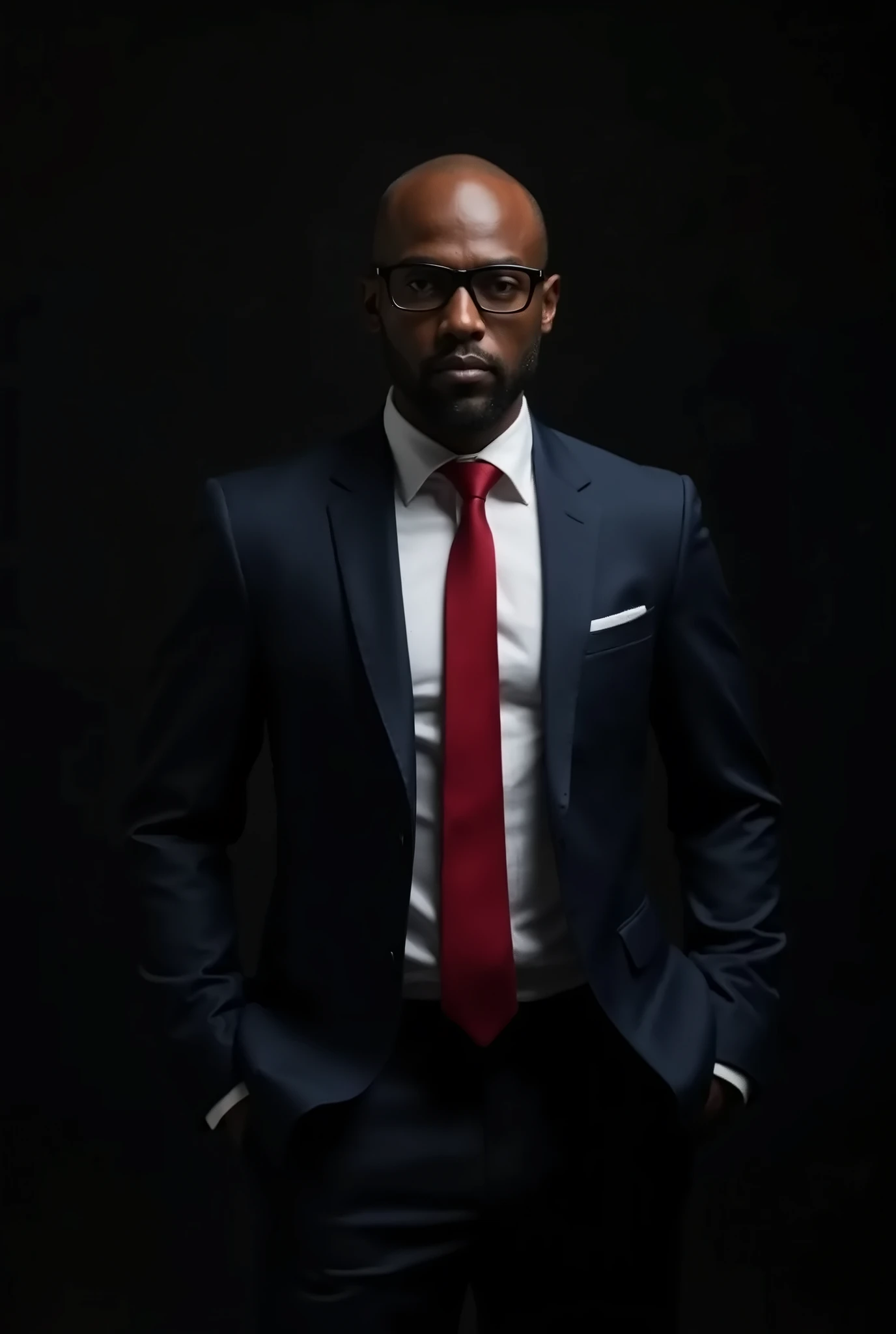 ((make a handsome, fit, bald, light-skinned African man+)) (black male)+, wearing navy suit, (red tie), ((glasses)), image of a man incognito all in grey including him gazing confidently with a black background even more cinematic, detective-style