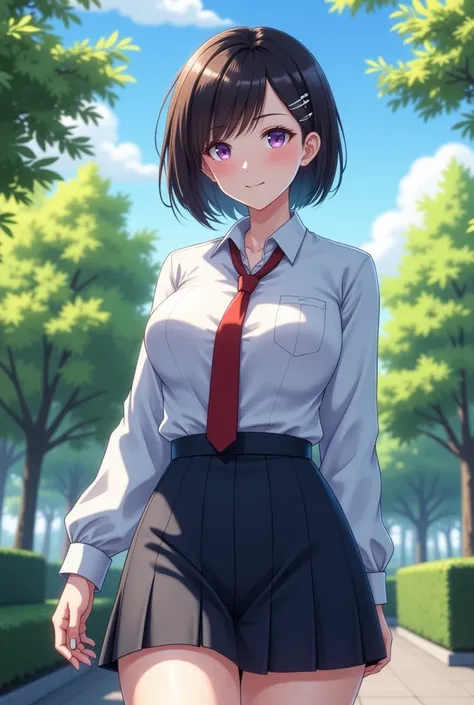 masterpiece, best quality, wide hips, small waist, altTsubasa, short hair, hairclip, purple eyes, glasses, (huge breasts:0.8), school uniform, long sleeves, pink shirt, pleated skirt, looking at viewer, closed eyes, happy, blue sky, trees, park