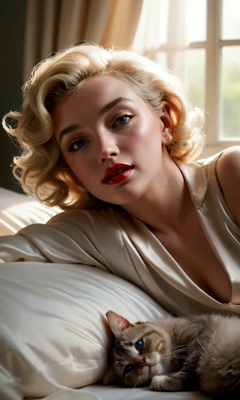 Marilyn Monroe, gorgeous woman, in her prime, asleep on her back under satin sheets, her cat playfully jumps on her and wakes her up, 1girl, detailed face, beautiful detailed eyes, beautiful detailed lips, extremely detailed eyes and face, longeyelashes, e...