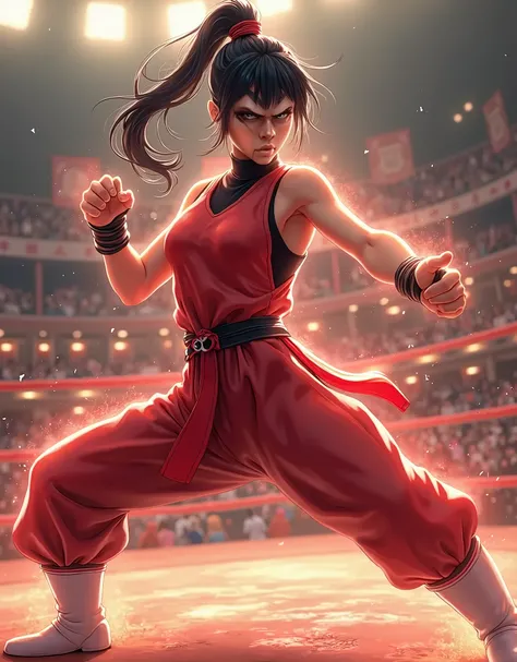 masterpiece, highest quality, solo, solo focus, half-anime style, 8k, (perfect face:1.1), (high detail:1.1), 1girl, mature lady, tall body, age 26, street brawler, (black hair, long hair, ponytail hair, right side bangs), green eyes, chinese fighting unifo...