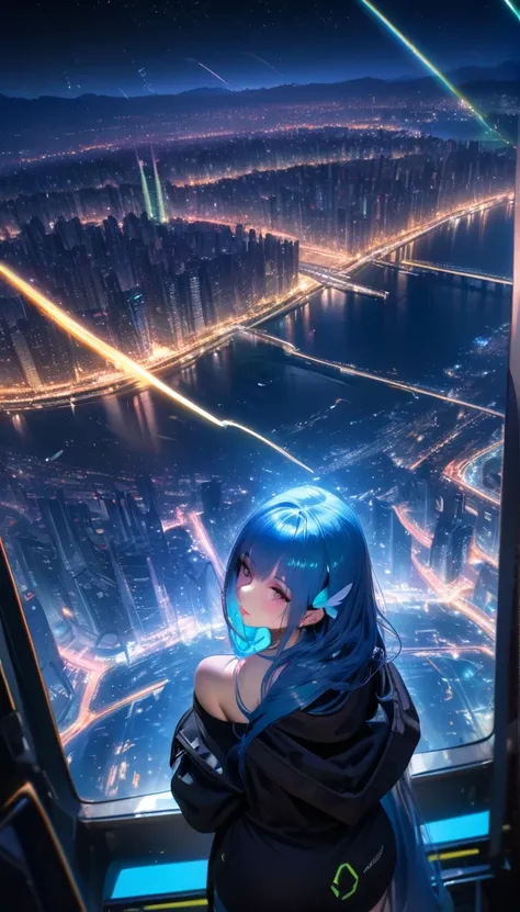 (masterpiece),  Best quality, ultra high res,, Cyberpunk 1 girl flying above amazing cityscape ,hoodie,Blue Hair,  Neon Colors流星,  Very Long Hair , Off-shoulder, Feather hair accessories, Neon Colors, Flash, Stunning Night Sky, film lighting, Realism, Real...