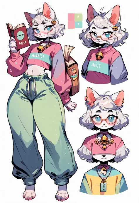 Furry, anthropomorphic, 1female, white cat, blue eyes, big ass, big hips, thick thighs, flat-chested, haircut wolfcut colour white, , small reading glasses, magenta sweater crop top, baggy pants, with a book i his hand, bankground library, bell necklace, f...