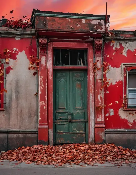 Sad Atmosphere, Abandoned building, Rubble pile,  red sky , Rusted Iron Door ,  Street with Fallen Leaves Fluttering in the Wind