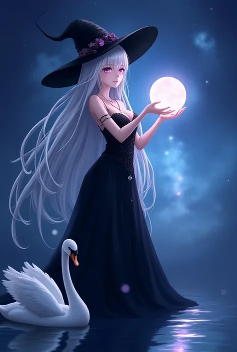  high-resolution image,anime ,realistic,Beautiful girl with long white hair,a woman in a witches hat holding a luminous crystal ball , beautiful, celestial, casting magic,glowing purple eyes,universe, swan,light,elf, looking at viewer,(black formal dress, ...