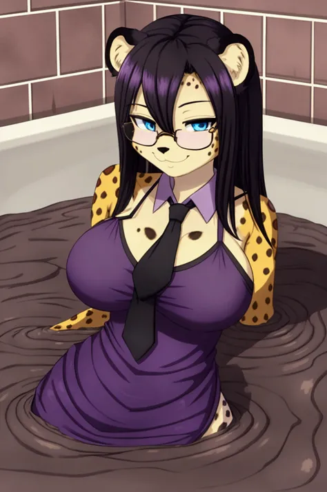 1girl, solo, (furry cheetah girl:1.2), huge breast, black hair, blue eyes, (purple camisole dress:1.2), spaghetti strap, (black glasses:1.2), (black necktie:1.2), partially submerged, in mud, flooding up to the chest, upper body, bathtub, jacuzzi, brick wa...