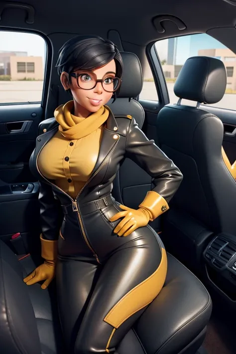 masterpiece, best quality, (Kim Kardashian) head back,  big smile on the side , opens his mouth, short punk hair ,  black plastic glasses , Pilot suit,  Business blouse , leather scarf , ( shiny mustard yellow skin,) rivets zippers buttons,  shiny leather ...